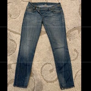 R13 side zip ankle length, straight leg jeans.
